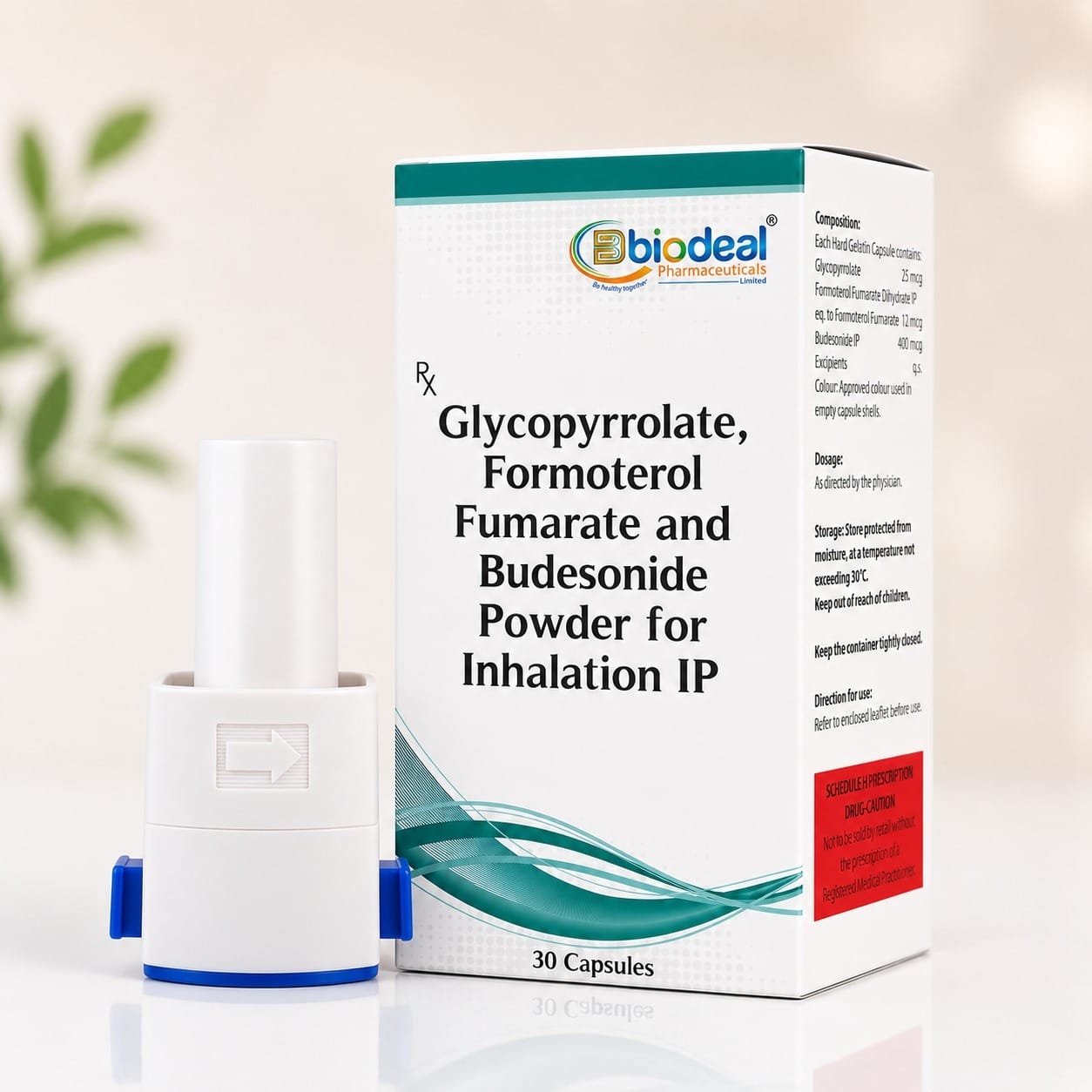 Biodeal glycopyrrolate, formoterol fumarate and budesonide powder for inhalation carton with inhaler device